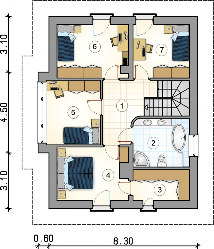 Układ pomieszczeń na 1 piętrze (rzut) w projekcie Milano III
