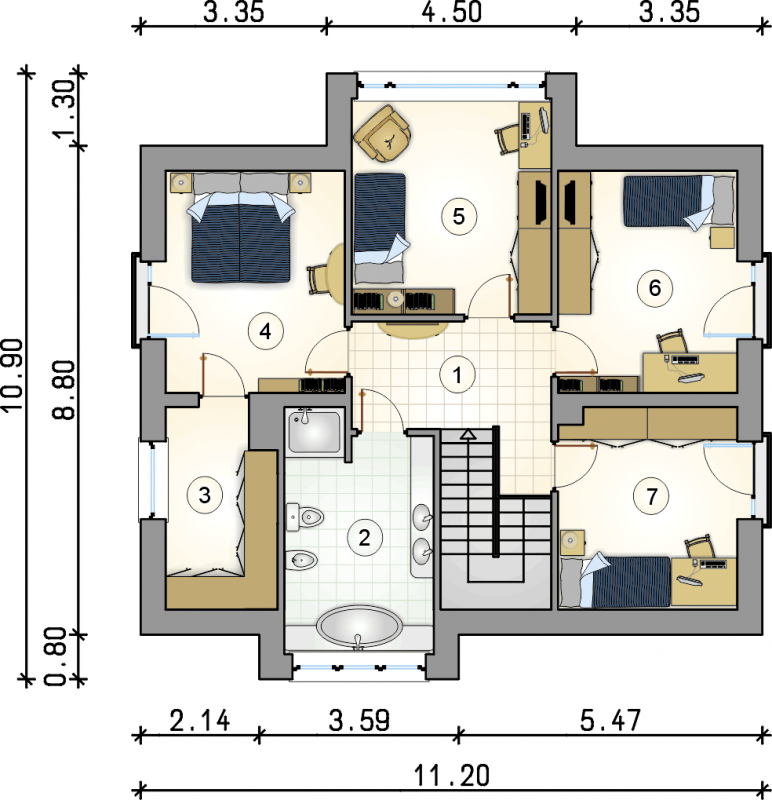 Układ pomieszczeń na 1 piętrze (rzut) w projekcie Qubus