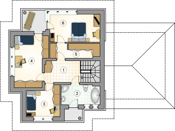 Układ pomieszczeń na 1 piętrze (rzut) w projekcie Figaro