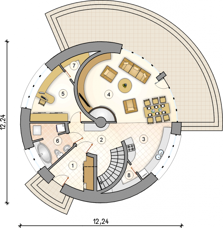 Układ pomieszczeń na parterze (rzut) w projekcie Circulus