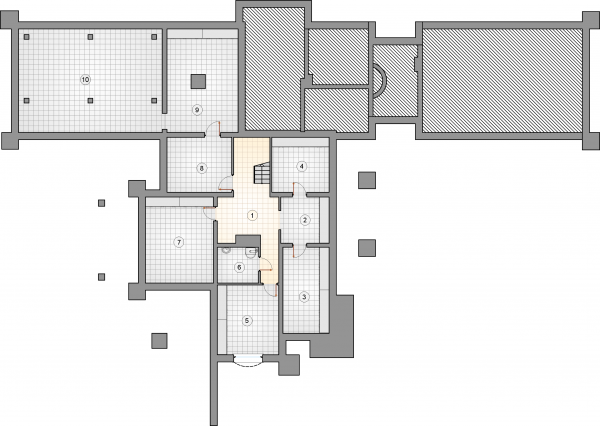 Układ pomieszczeń w piwnicy (rzut) w projekcie Willa Panorama