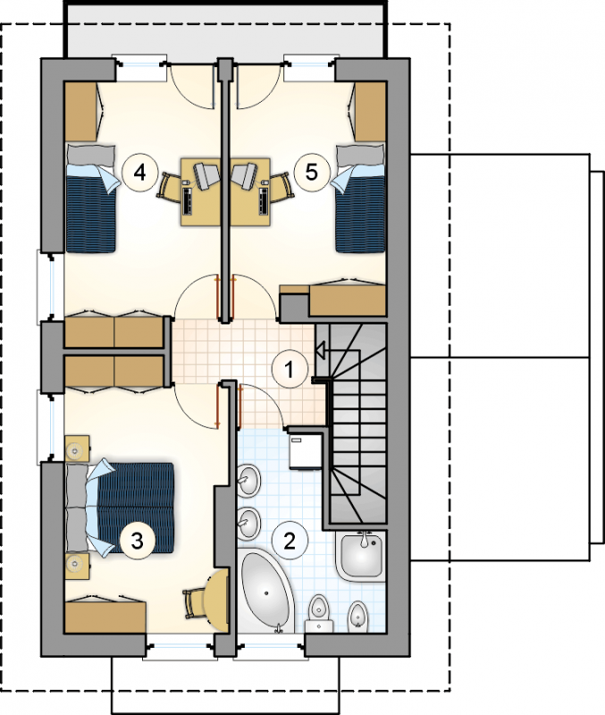 Układ pomieszczeń na 1 piętrze (rzut) w projekcie Kamyczek