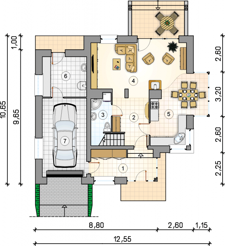 Układ pomieszczeń na parterze (rzut) w projekcie Siena III