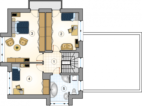 Układ pomieszczeń na 1 piętrze (rzut) w projekcie Beta