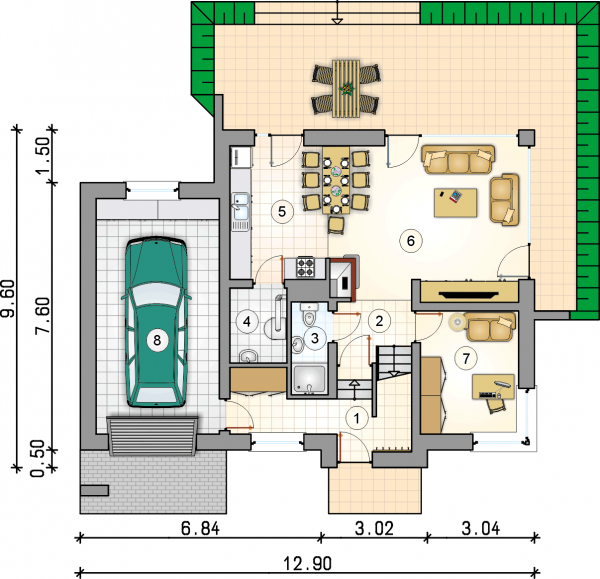 Układ pomieszczeń na parterze (rzut) w projekcie Piccolo II