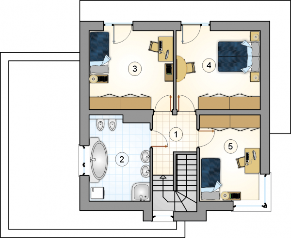 Układ pomieszczeń na 1 piętrze (rzut) w projekcie Piccolo II