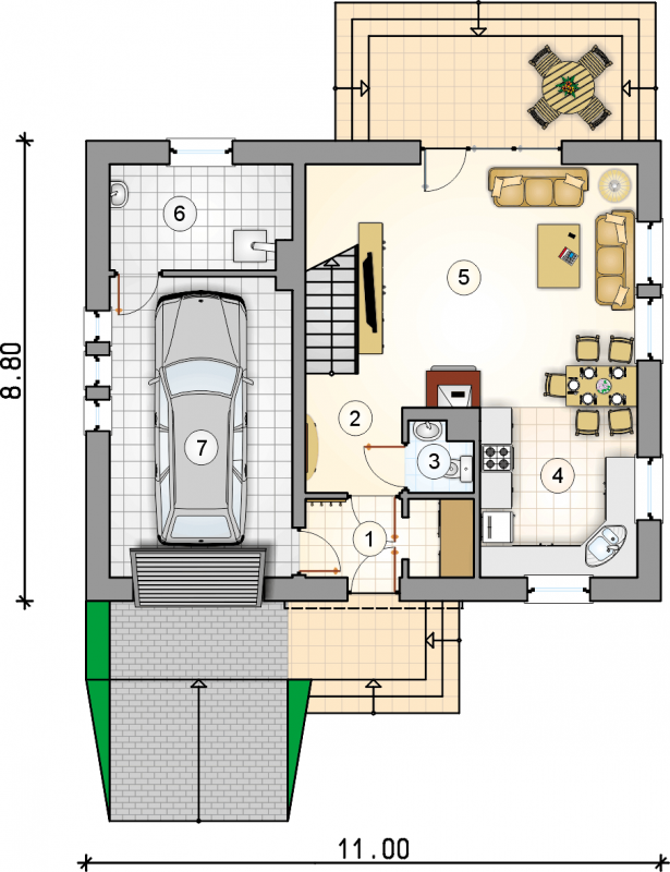 Układ pomieszczeń na parterze (rzut) w projekcie Compact House II