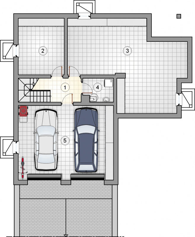 Układ pomieszczeń w piwnicy (rzut) w projekcie Gustaw II