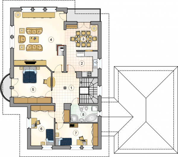Układ pomieszczeń na 1 piętrze (rzut) w projekcie Villa Medica