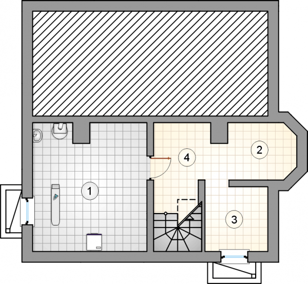 Układ pomieszczeń w piwnicy (rzut) w projekcie Jasiek
