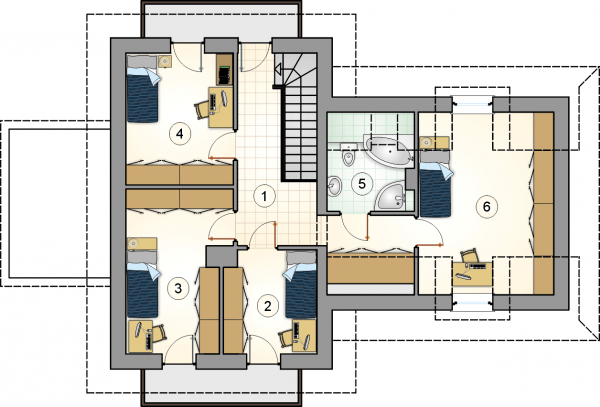 Układ pomieszczeń na 1 piętrze (rzut) w projekcie Smrekowa Chata