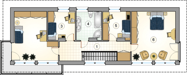 Układ pomieszczeń na 1 piętrze (rzut) w projekcie Brzezina