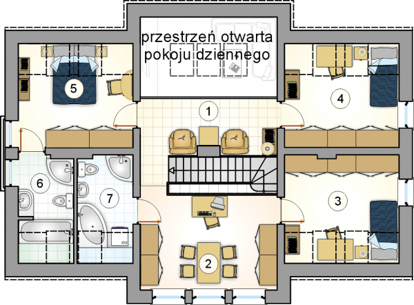 Układ pomieszczeń na poddaszu (rzut) w projekcie Fregata