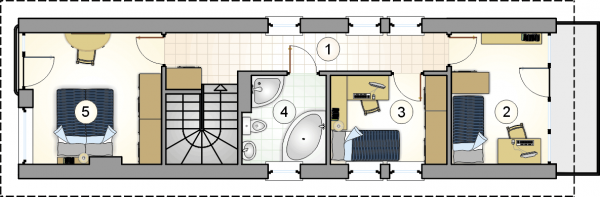 Układ pomieszczeń na 1 piętrze (rzut) w projekcie Busik